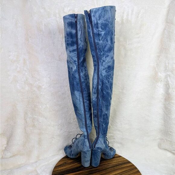 Club Exx Legacy Denim Blue Over the Knee Lace Up Heeled Boots US Size 7 - Picture 2 of 10